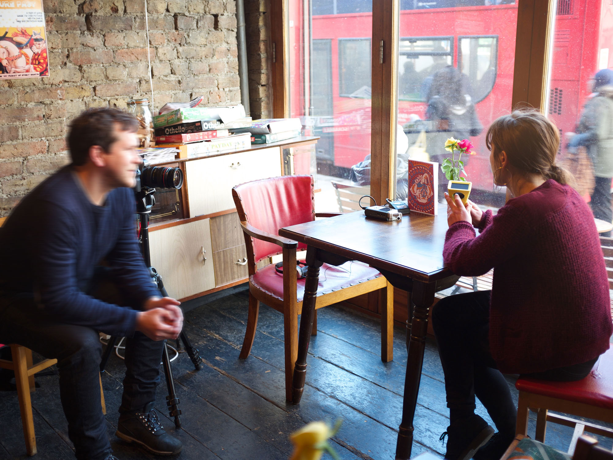 A photograph of a participant being interviewed by a documentary film maker